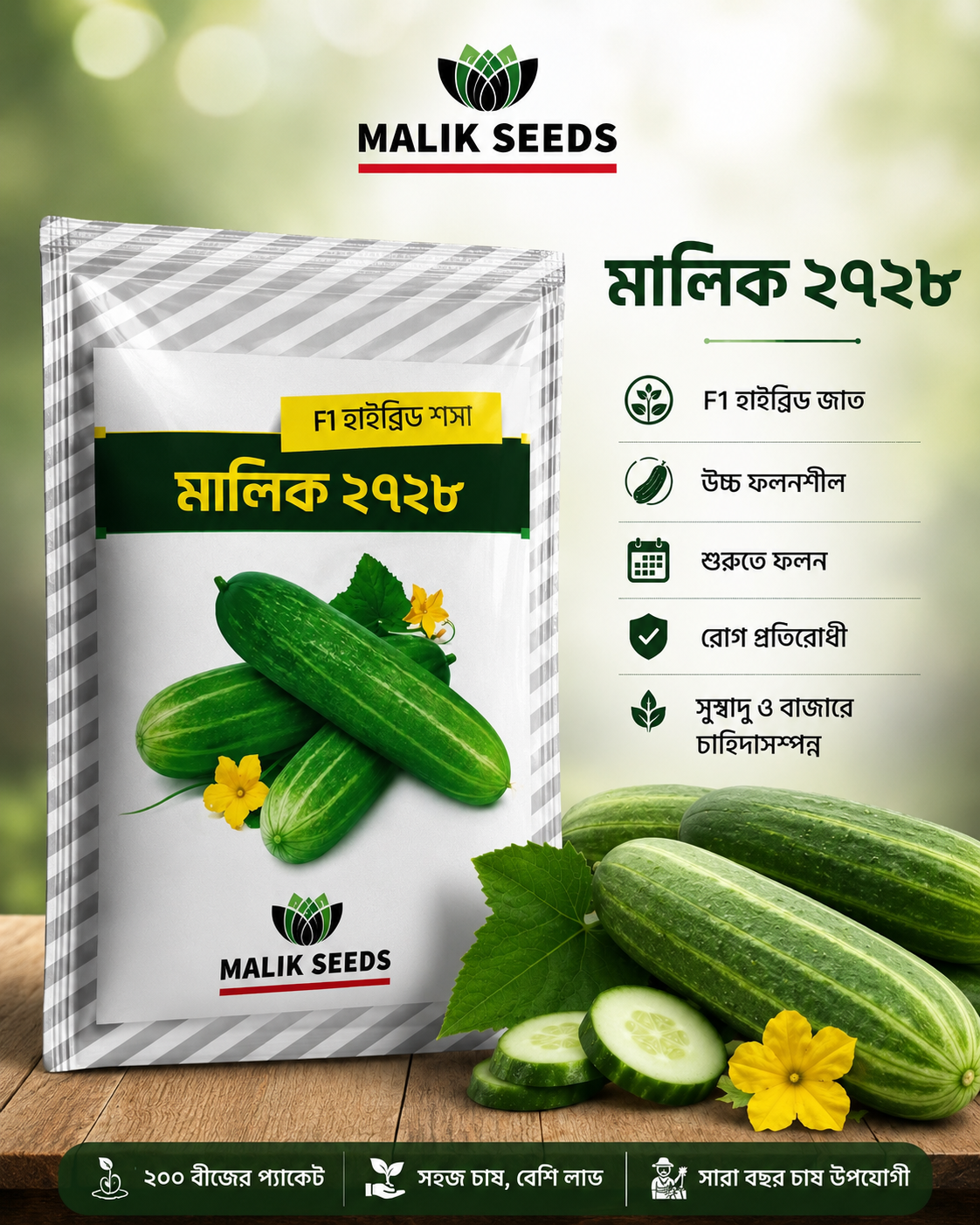Malik 2728 F1 Hybrid Cucumber Seeds 200 Seeds