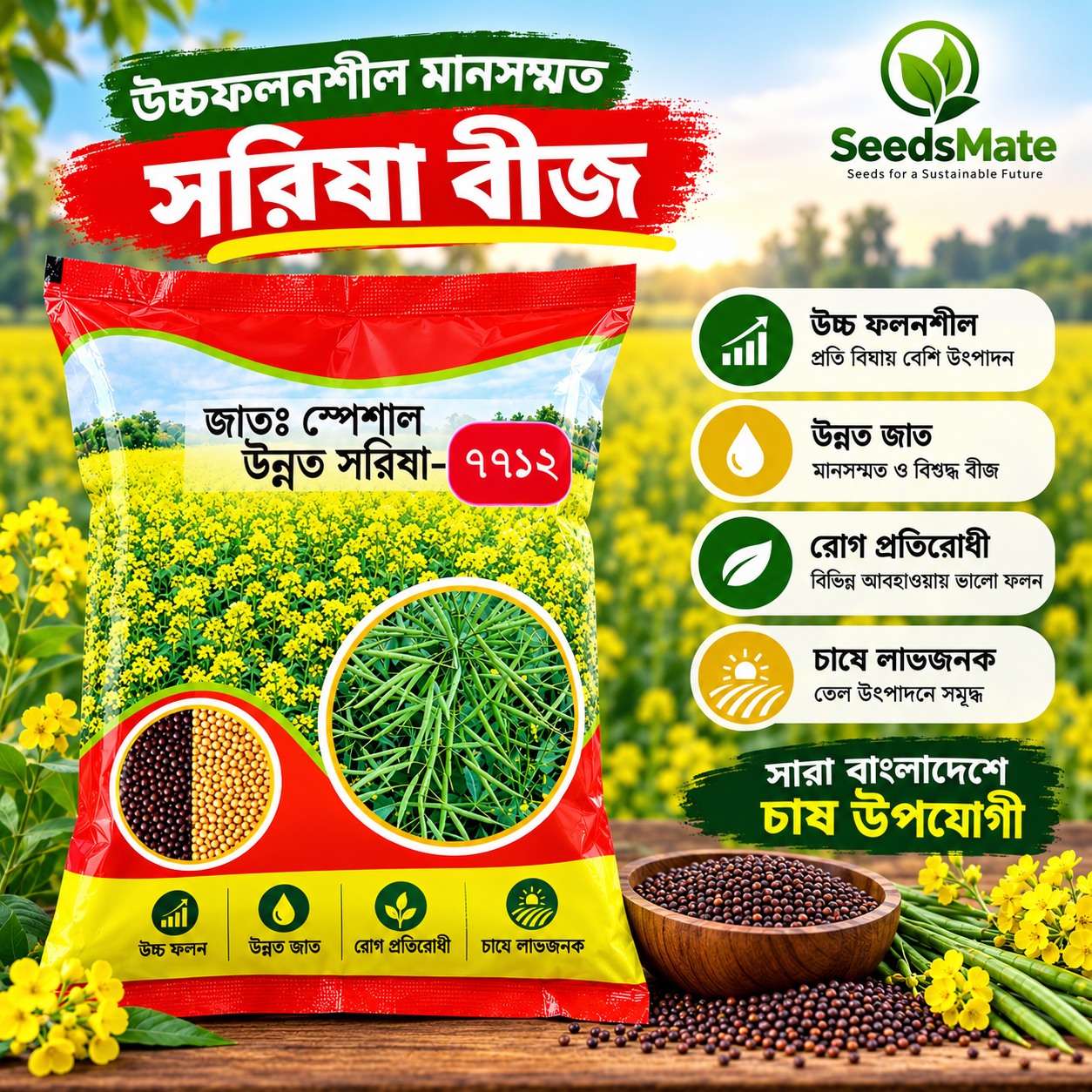 Hybrid Mustard Seeds 7712 – High Yielding Variety 1KG হাইব্রিড সরিষা বীজ ৭৭১২ (Mustard Seeds 7712) | SeedsMate