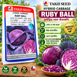 Alt text: TAKII Ruby Ball Hybrid Red Cabbage Seeds 10g packet with red purple cabbage